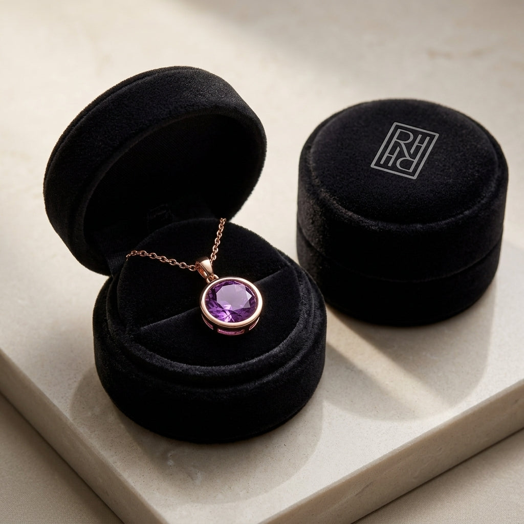 Amethyst Round Bezel Drop Earrings with Leverbacks in 14K Rose Gold - presentation