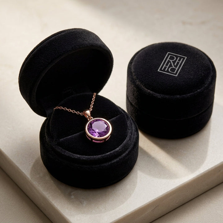 Amethyst Round Bezel Drop Earrings with Leverbacks in 14K Rose Gold - presentation