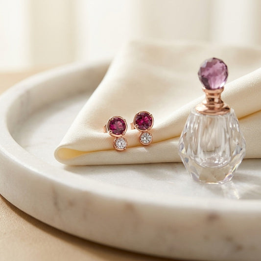 Rhodolite Garnet & Diamond Round Duo Earrings in 14K Rose Gold - editorial