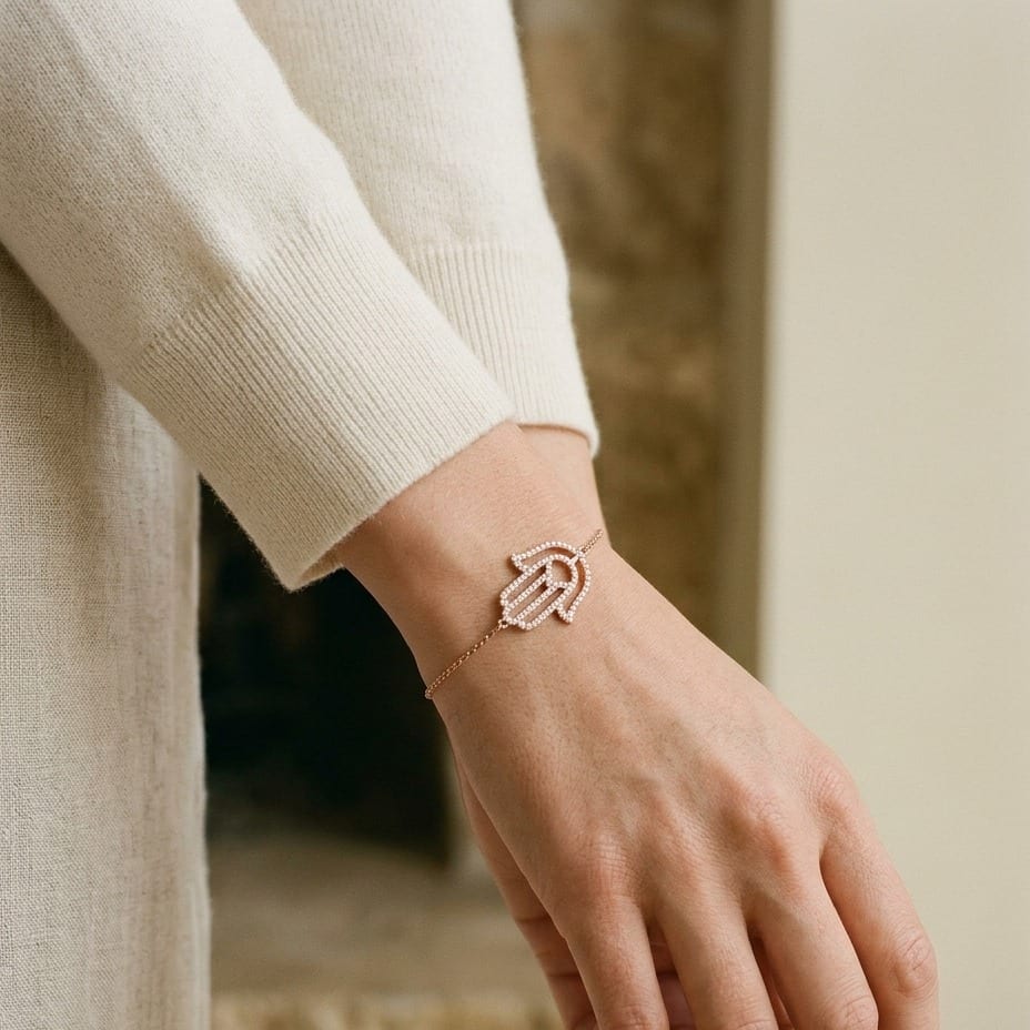 Hamsa Diamond Pave Bracelet in 14K Rose Gold - editorial
