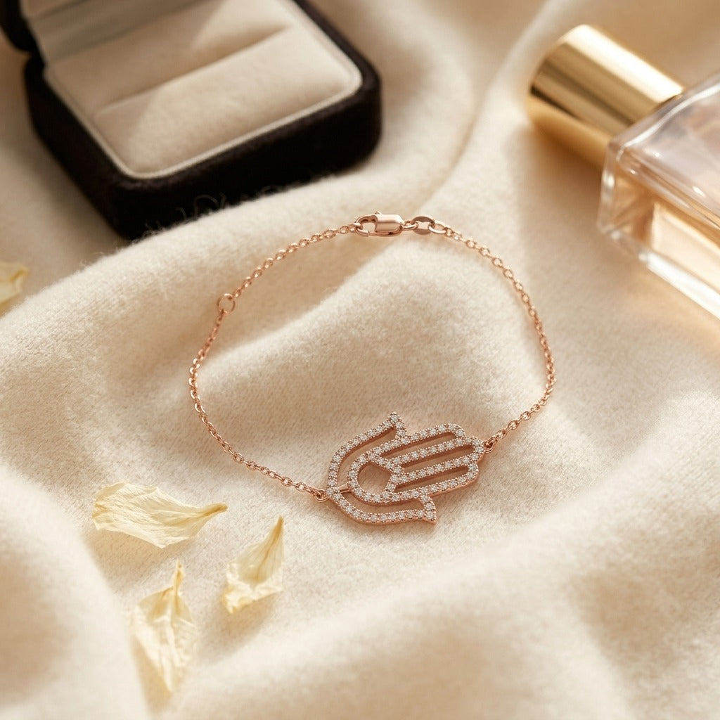 Hamsa Diamond Pave Bracelet in 14K Rose Gold - flat lay