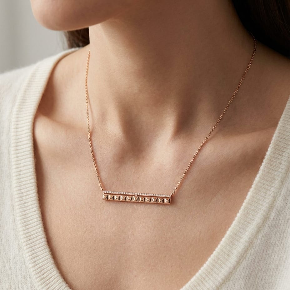 Pave Diamond And Spikes Bar Necklace in 14K Rose Gold, worn close-up portrait