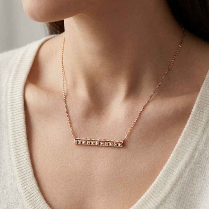 Pave Diamond And Spikes Bar Necklace in 14K Rose Gold, worn close-up portrait