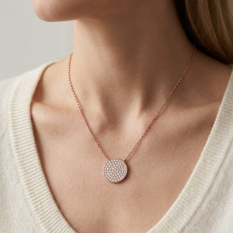 Diamond Pave Round Disk Necklace in 14K Rose Gold, worn close-up portrait