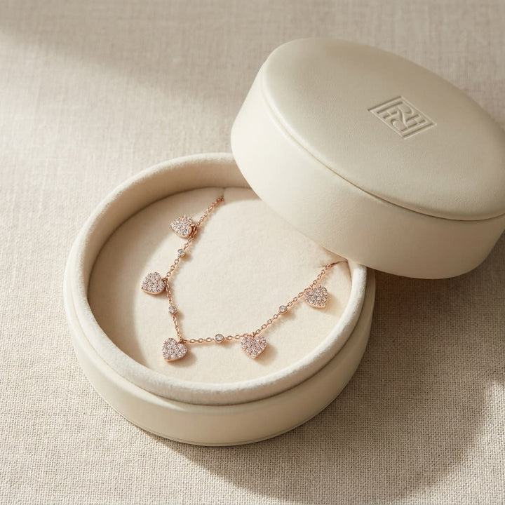 Diamond Pave Dangling 5-heart Station Necklace in 14K Rose Gold, 16-18 Adj Chn, in navy velvet jewelry box
