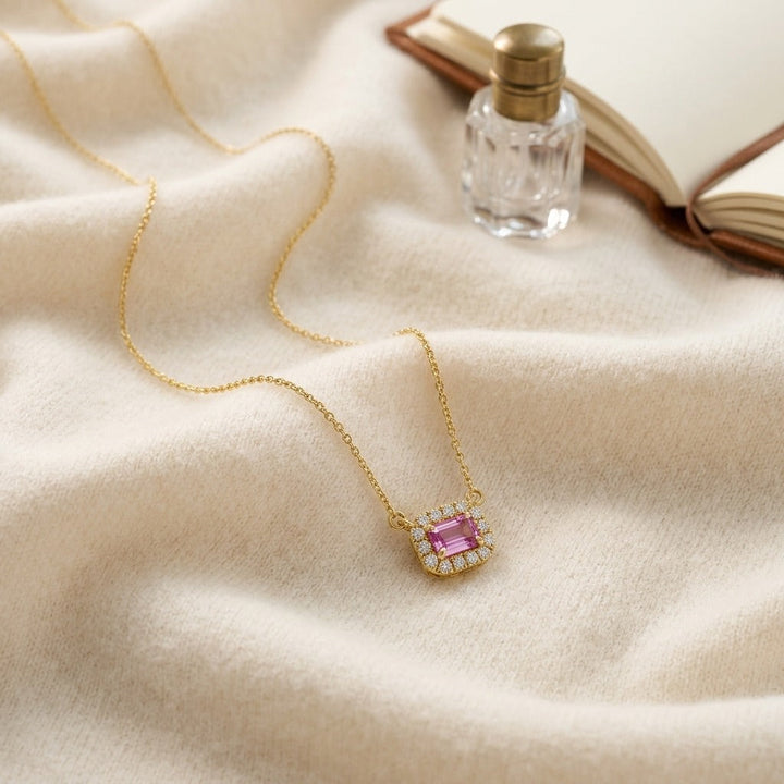 Sapphire & 1/16ctw Diamond Necklace 18in Chain in 14K Rose Gold - flat lay