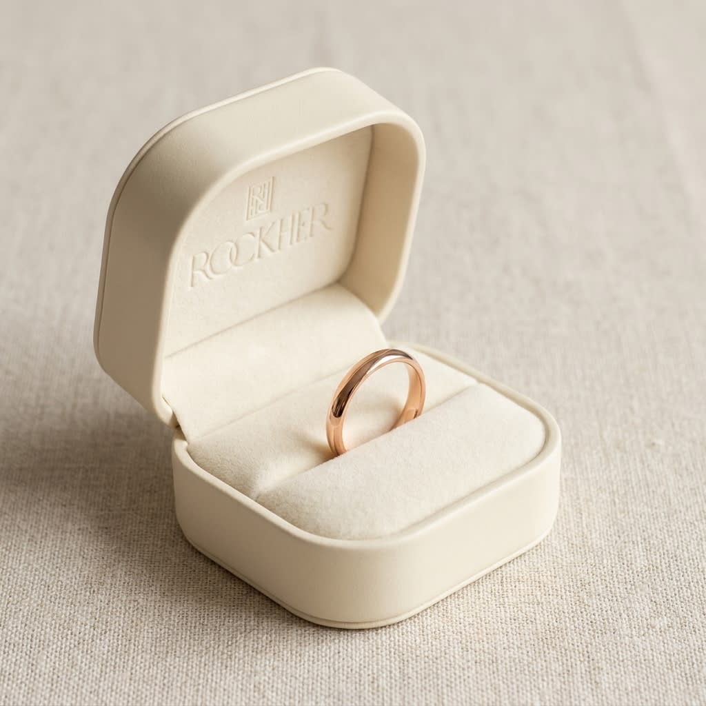 2.5mm Slightly Domed Traditional Oval Wedding Band in 14K Rose Gold, in navy velvet jewelry box