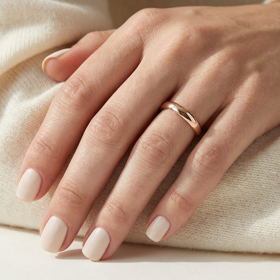 3mm Slightly Domed Traditional Oval Wedding Band in 14K Rose Gold, worn on hand, close-up