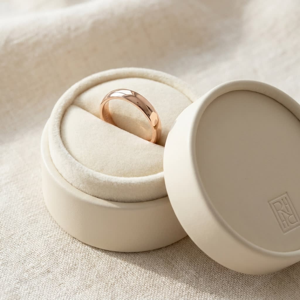 4mm Slightly Domed Traditional Oval Wedding Band in 14K Rose Gold, in navy velvet jewelry box