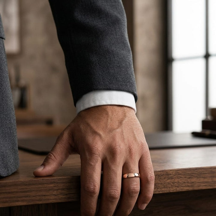 5mm Slightly Domed Traditional Oval Wedding Band in 14K Rose Gold, worn on hand, masculine full view
