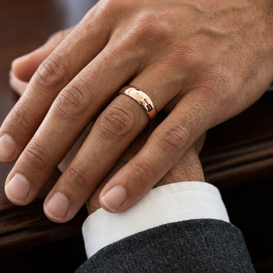 6mm Slightly Domed Traditional Oval Wedding Band in 14K Rose Gold, worn on hand, masculine close-up