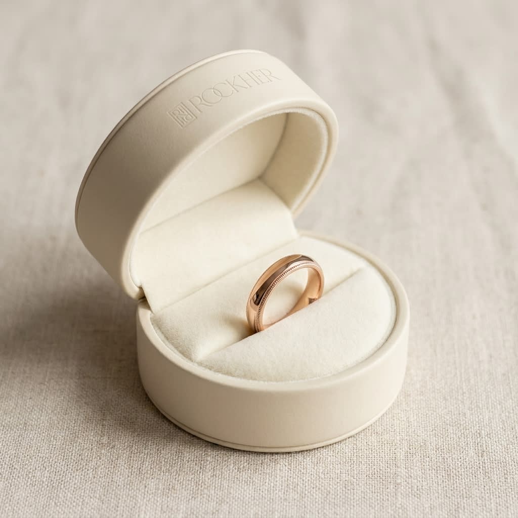 4mm Slightly Domed Traditional Oval Milgrain Wedding Band in 14K Rose Gold, in navy velvet jewelry box