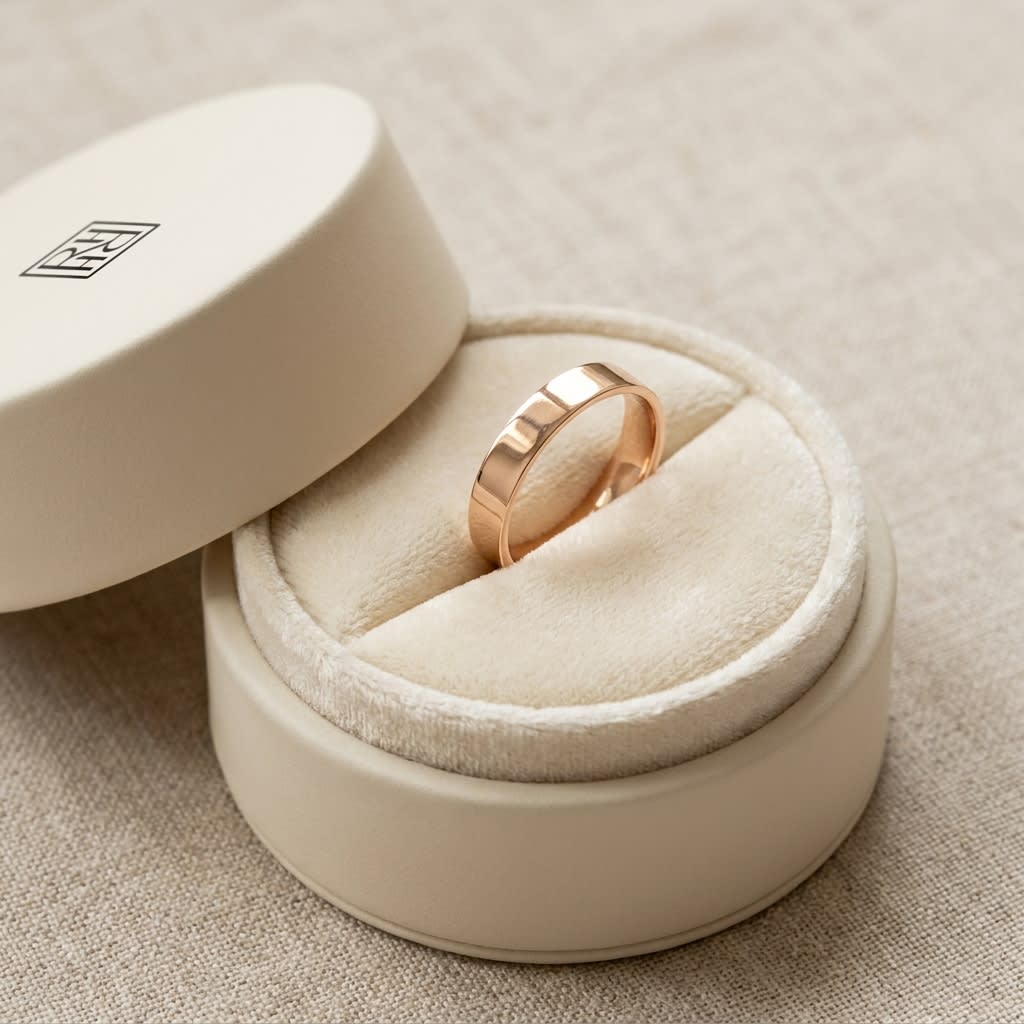 4mm Flat Comfort-Fit Wedding Band in 14K Rose Gold, in navy velvet jewelry box