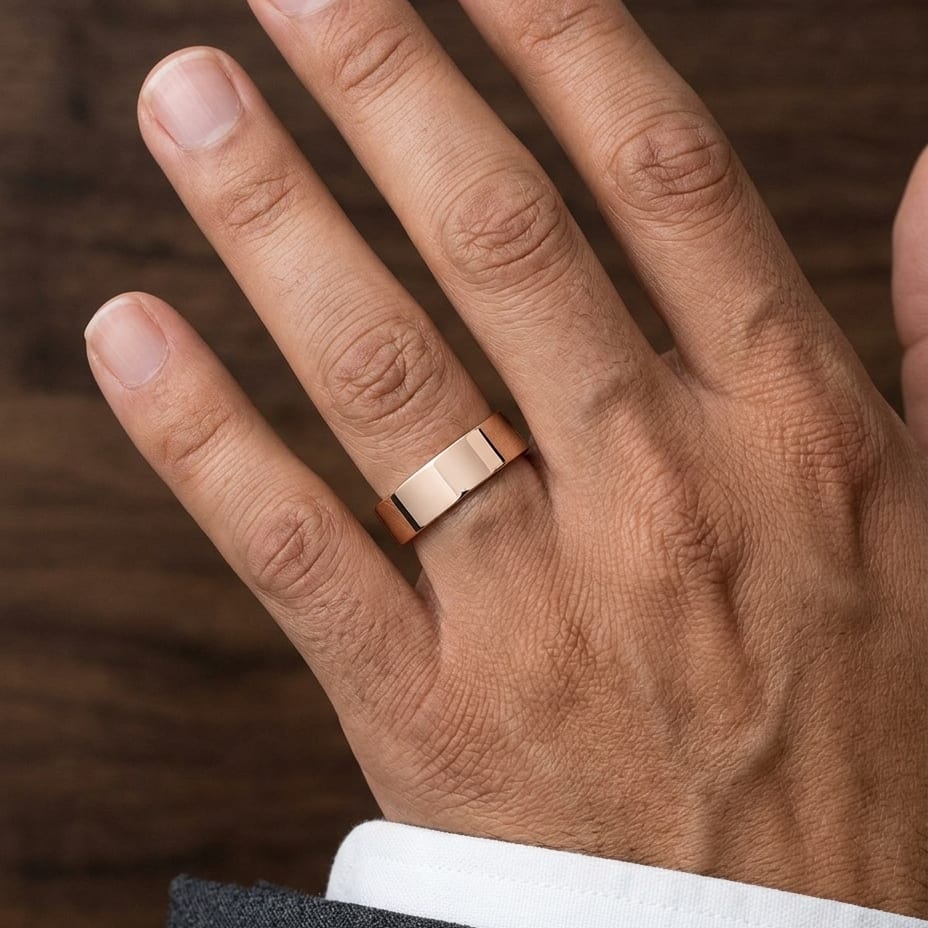 6mm Flat Comfort-Fit Wedding Band in 14K Rose Gold, worn on hand, masculine close-up