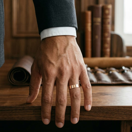 6mm Flat Comfort-Fit Wedding Band in 14K Rose Gold, worn on hand, masculine full view