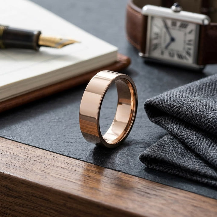 6mm Flat Comfort-Fit Wedding Band in 14K Rose Gold, on walnut surface with pocket square