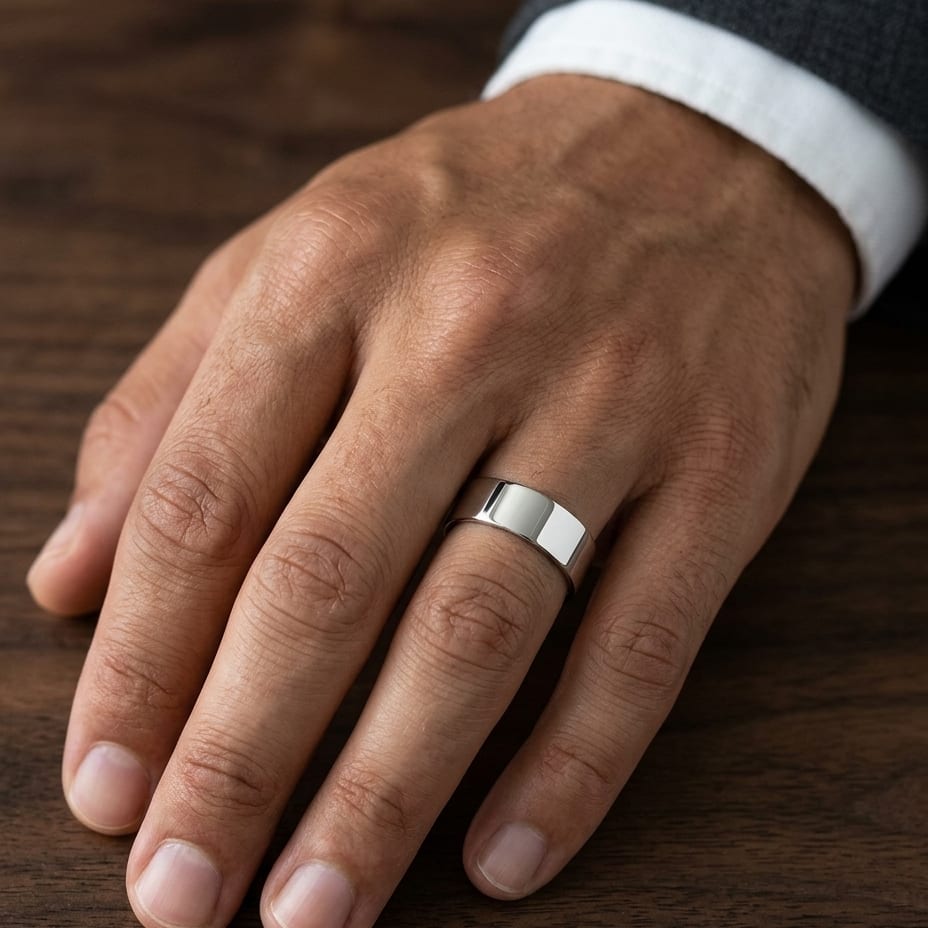 8mm Flat Comfort-Fit Wedding Band in 14K Rose Gold, worn on hand, masculine close-up