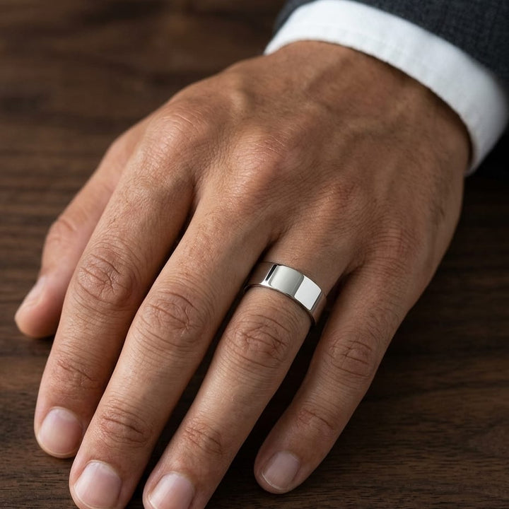 8mm Flat Comfort-Fit Wedding Band in 14K Rose Gold, worn on hand, masculine close-up