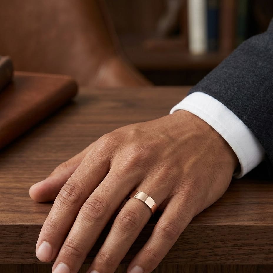 8mm Flat Comfort-Fit Wedding Band in 14K Rose Gold, worn on hand, masculine full view