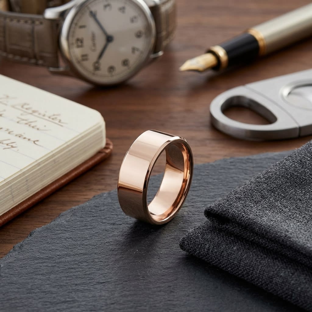 8mm Flat Comfort-Fit Wedding Band in 14K Rose Gold, on walnut surface with pocket square