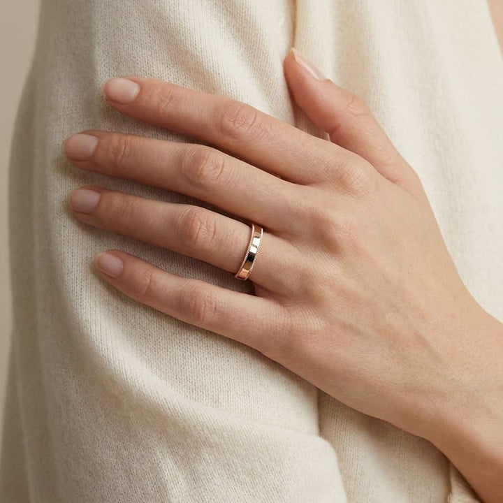 4mm Flat Milgrain Comfort-Fit Wedding Band in 14K Rose Gold, worn on hand, full view