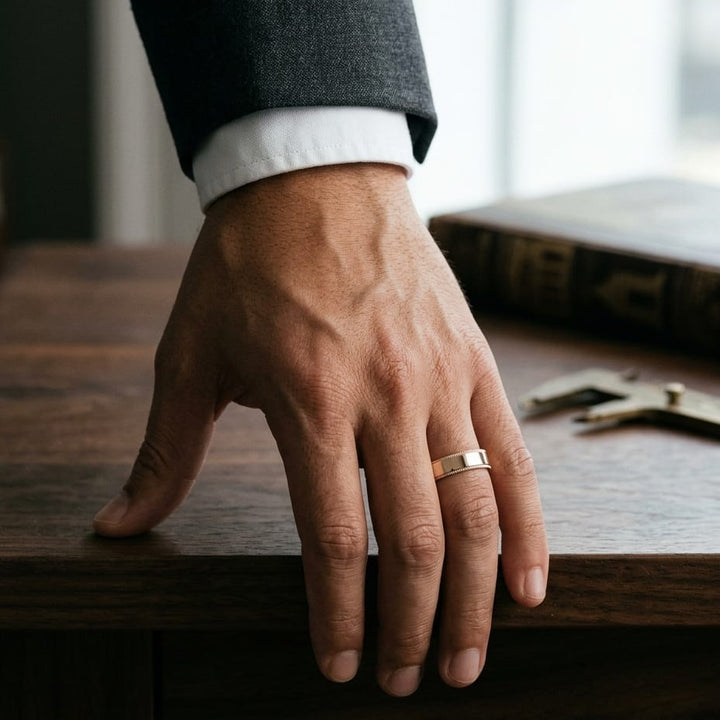 6mm Flat Milgrain Comfort-Fit Wedding Band in 14K Rose Gold, worn on hand, masculine full view