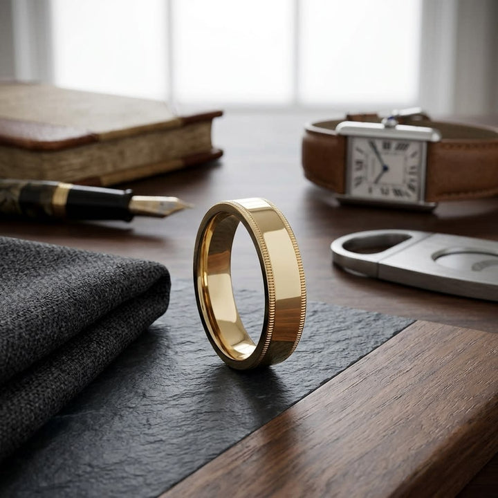 6mm Flat Milgrain Comfort-Fit Wedding Band in 14K Rose Gold, on walnut surface with pocket square