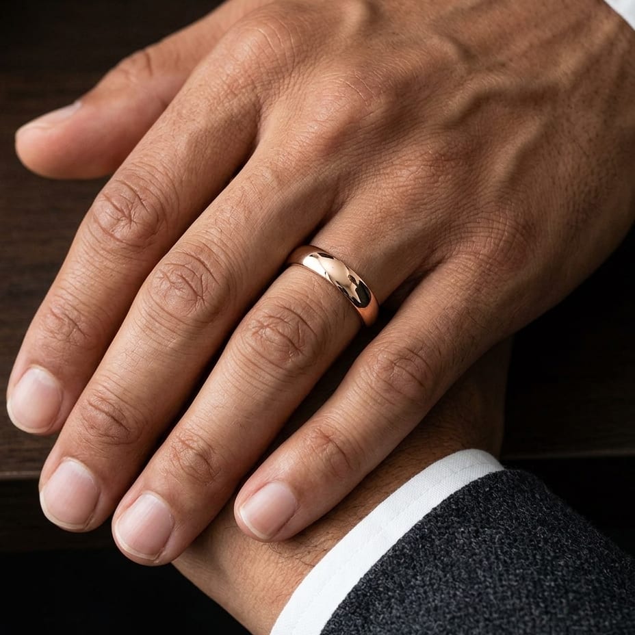 5.5mm Deluxe Comfort-Fit Wedding Band in 14K Rose Gold, worn on hand, masculine close-up