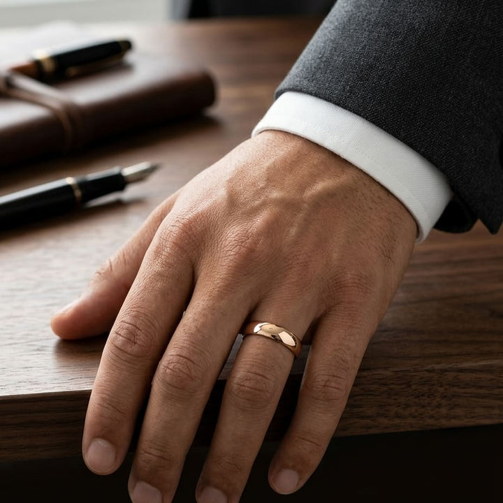 5.5mm Deluxe Comfort-Fit Wedding Band in 14K Rose Gold, worn on hand, masculine full view