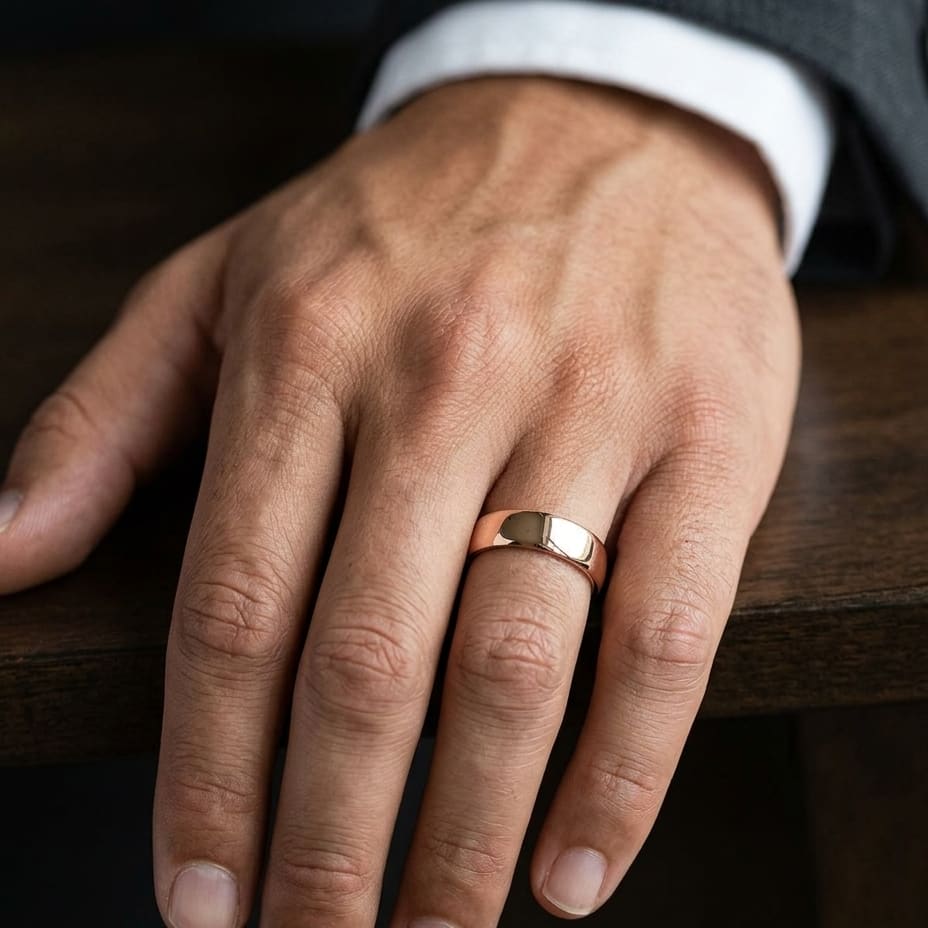 6.5mm Deluxe Comfort-Fit Wedding Band in 14K Rose Gold, worn on hand, masculine close-up