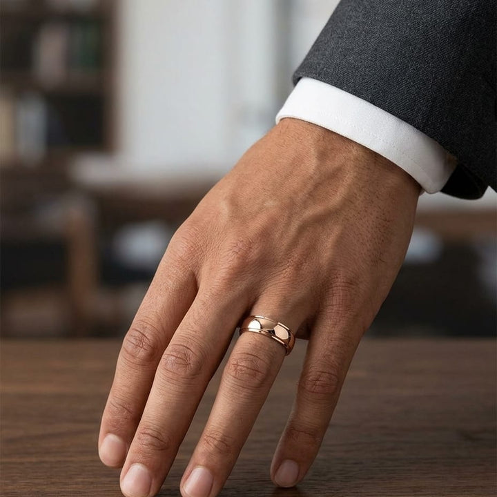 6.5mm Deluxe Comfort-Fit Wedding Band in 14K Rose Gold, worn on hand, masculine full view