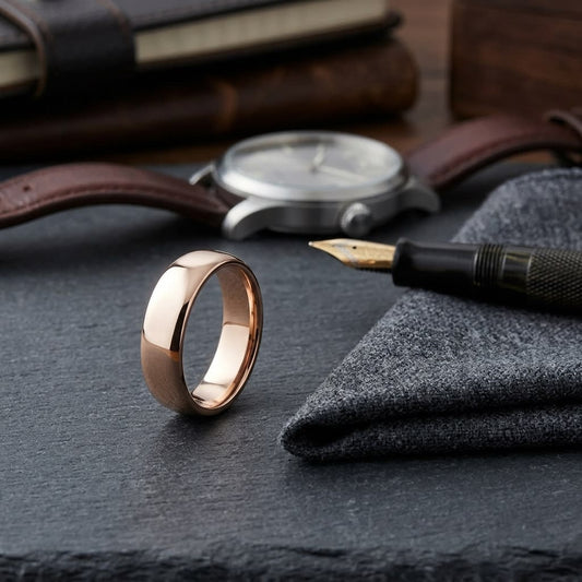 6.5mm Deluxe Comfort-Fit Wedding Band in 14K Rose Gold, on walnut surface with pocket square
