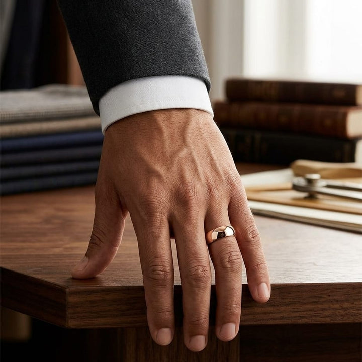 7.5mm Deluxe Comfort-Fit Wedding Band in 14K Rose Gold, worn on hand, masculine full view