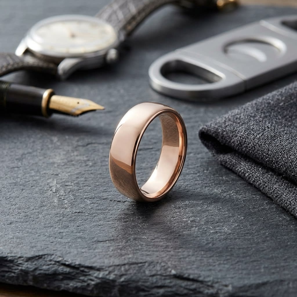 7.5mm Deluxe Comfort-Fit Wedding Band in 14K Rose Gold, on walnut surface with pocket square