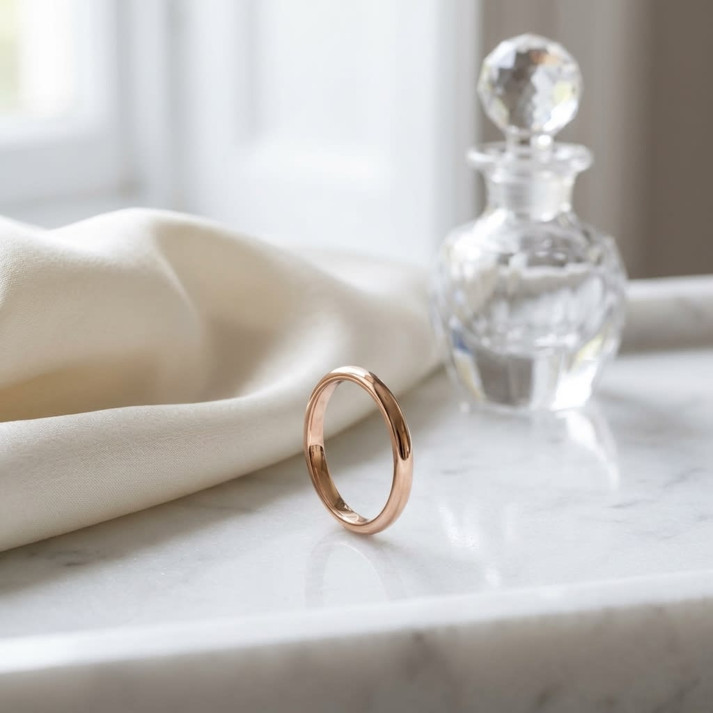 2mm Slightly Domed Comfort-Fit Wedding Band in 14K Rose Gold, on marble vanity tray with silk