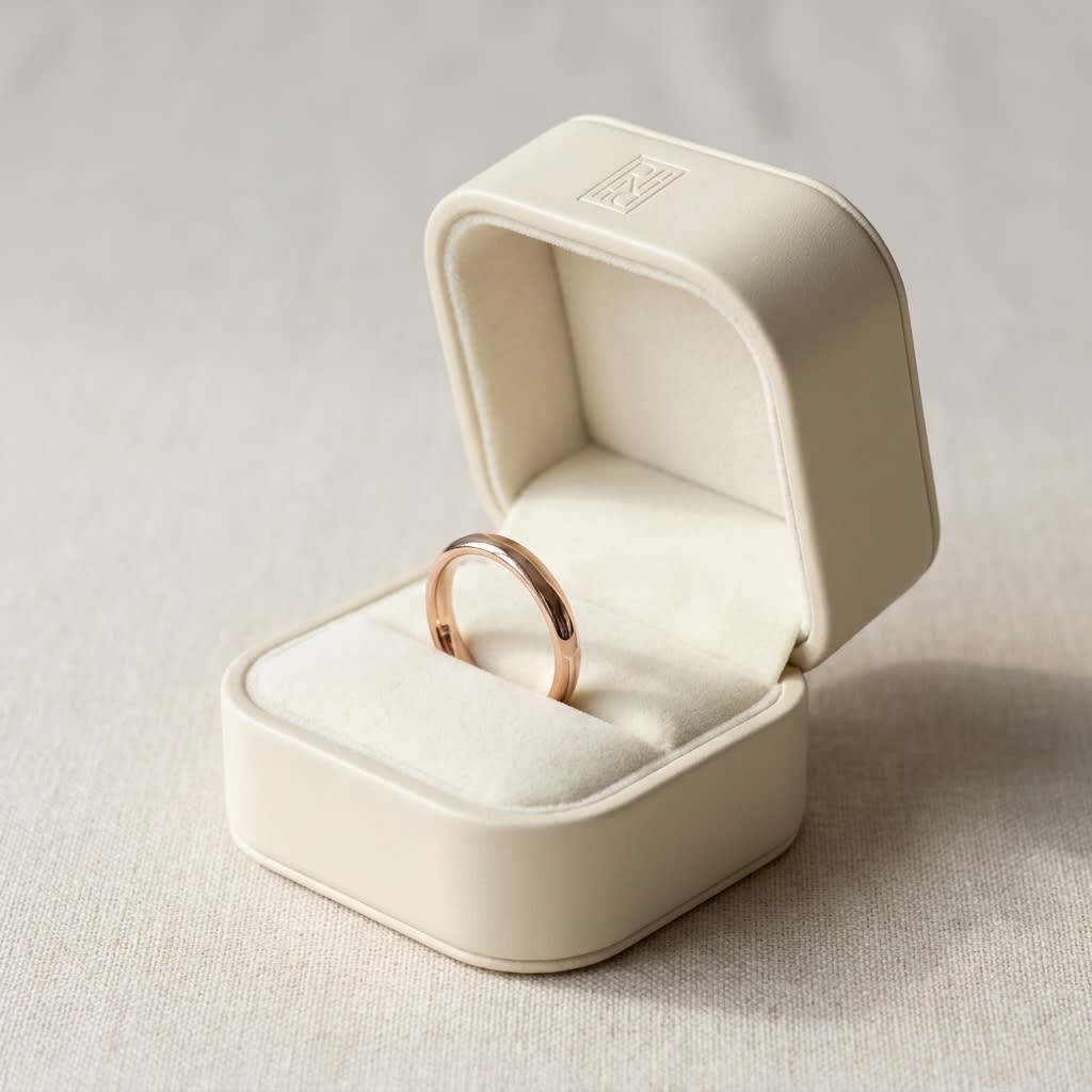 2mm Slightly Domed Comfort-Fit Wedding Band in 14K Rose Gold, in navy velvet jewelry box