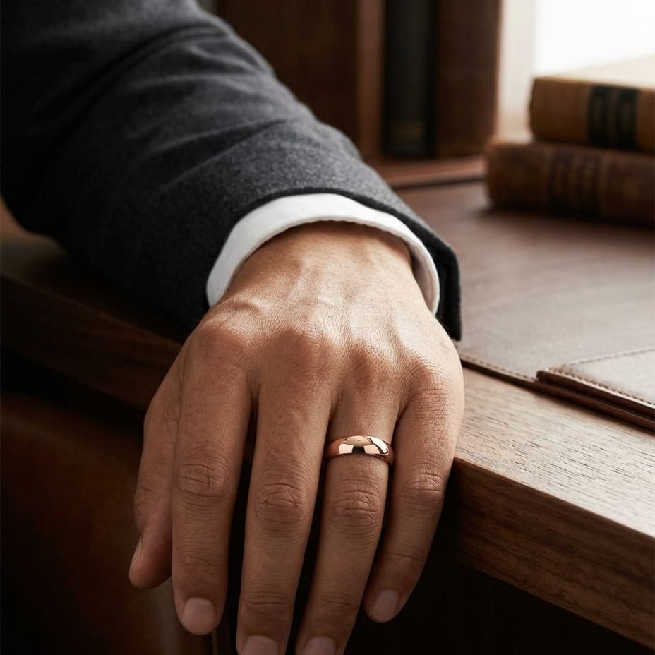 5mm Slightly Domed Comfort-Fit Wedding Band in 14K Rose Gold, worn on hand, masculine full view