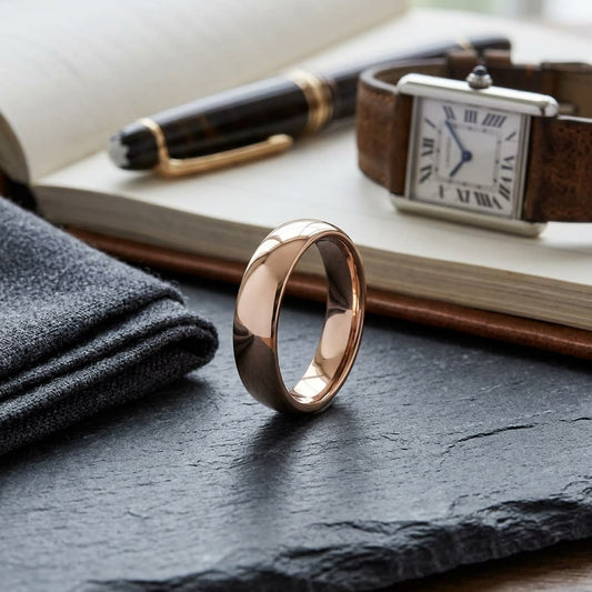 5mm Slightly Domed Comfort-Fit Wedding Band in 14K Rose Gold, on walnut surface with pocket square