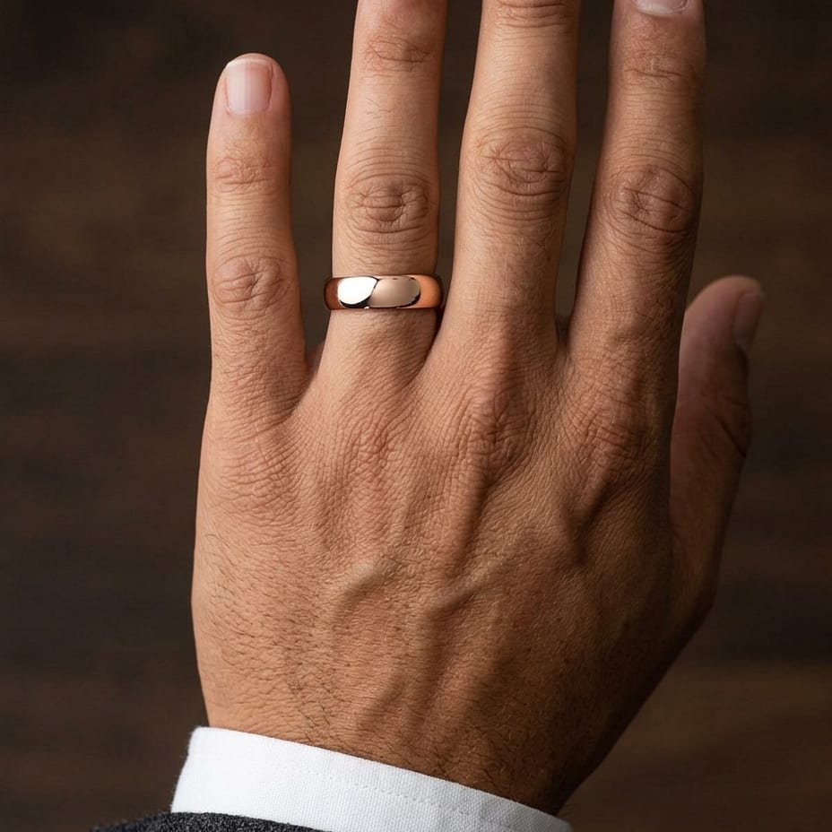 6mm Slightly Domed Comfort-Fit Wedding Band in 14K Rose Gold, worn on hand, masculine close-up