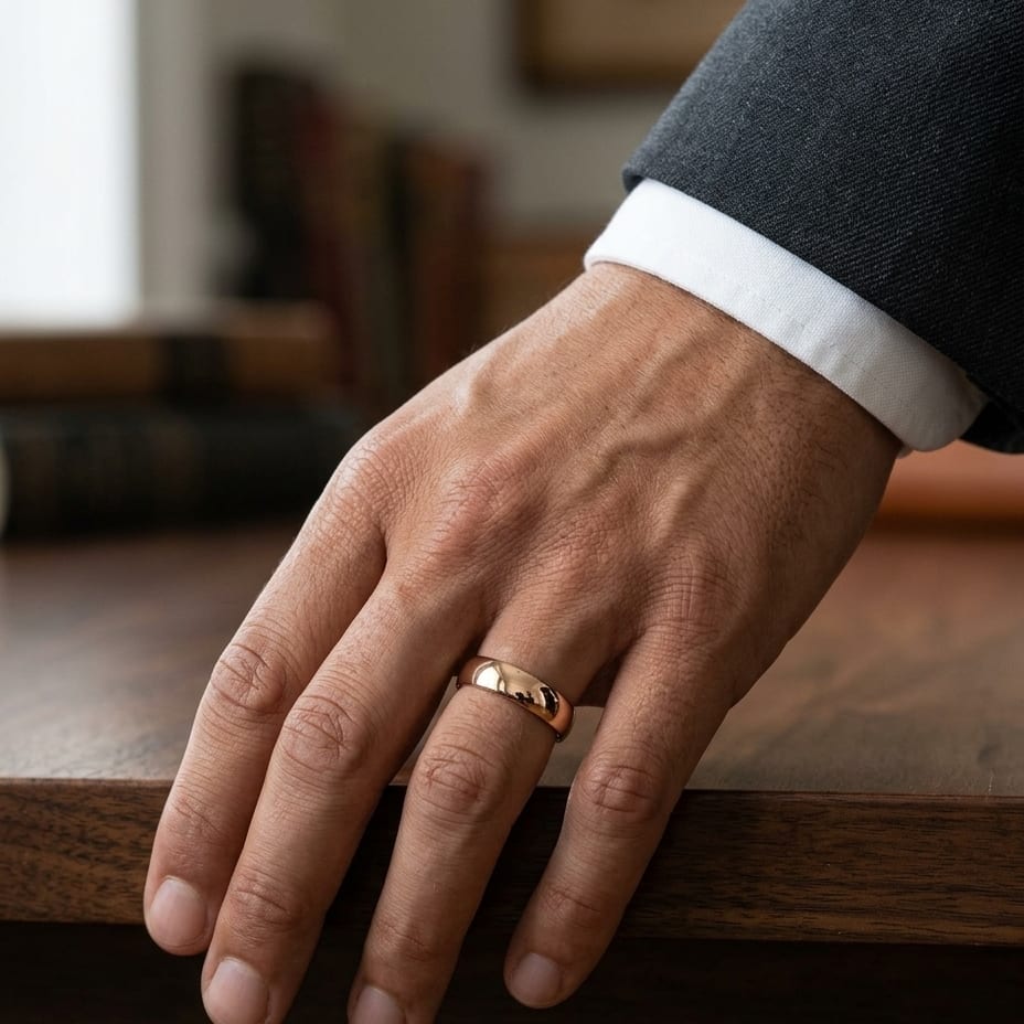 6mm Slightly Domed Comfort-Fit Wedding Band in 14K Rose Gold, worn on hand, masculine full view