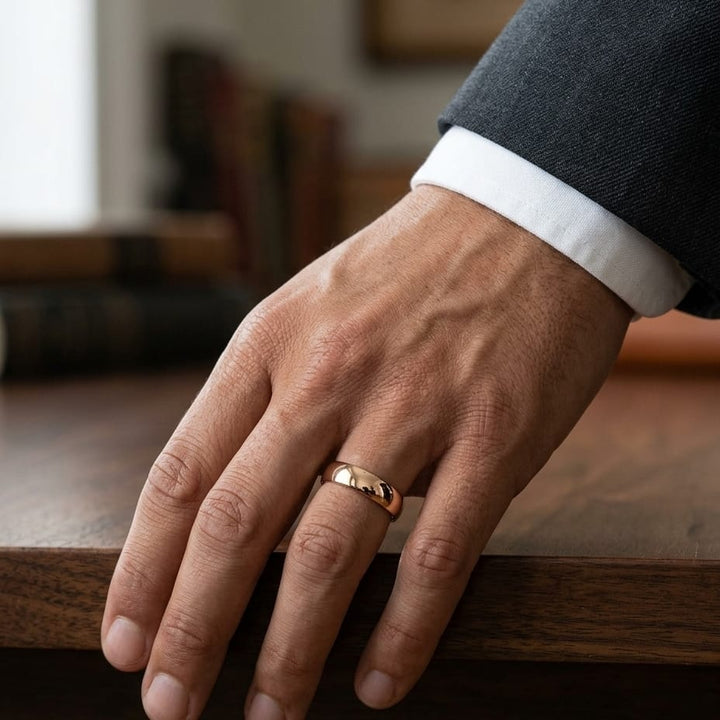 6mm Slightly Domed Comfort-Fit Wedding Band in 14K Rose Gold, worn on hand, masculine full view