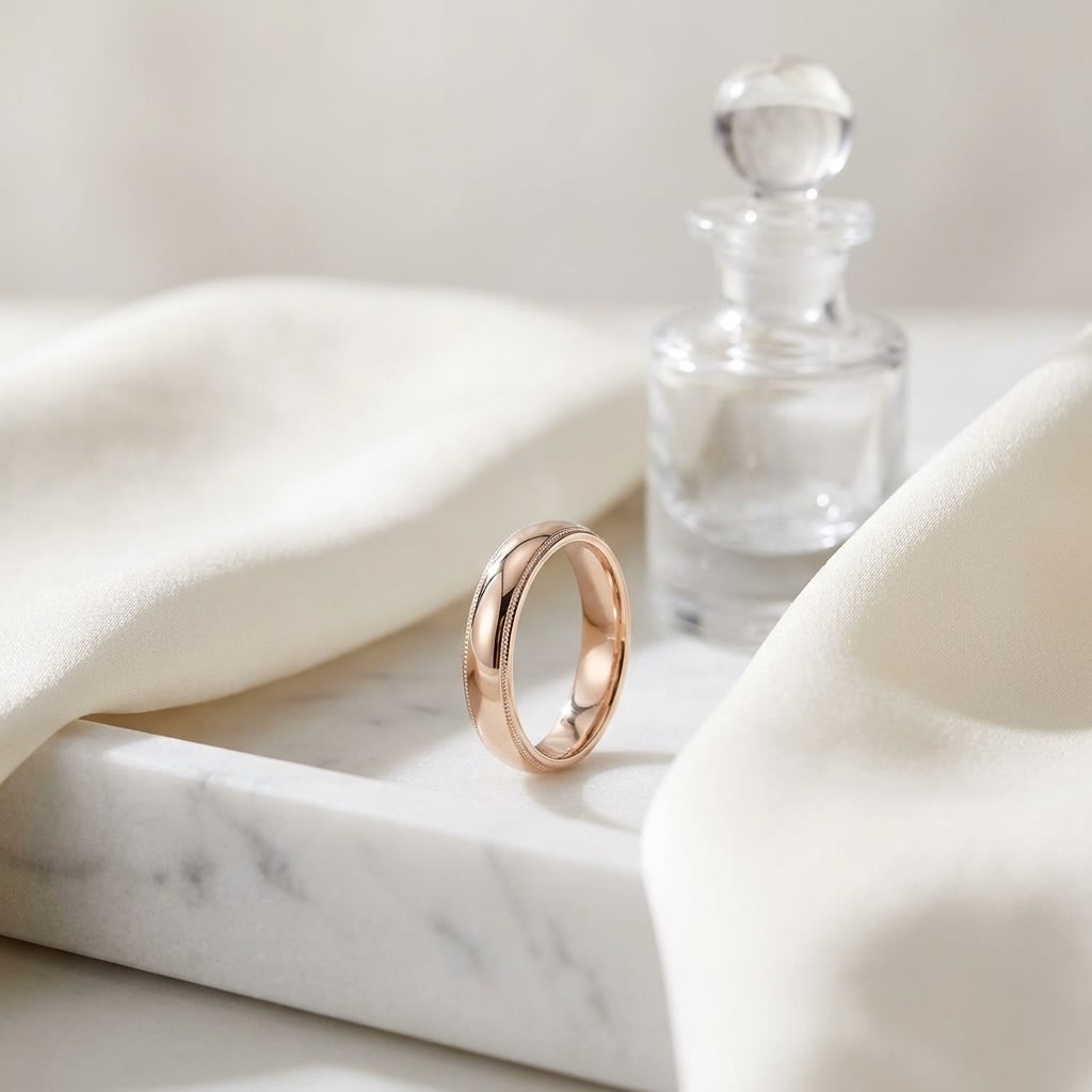 4mm Slightly Domed Milgrain Comfort-Fit Wedding Band in 14K Rose Gold, on marble vanity tray with silk