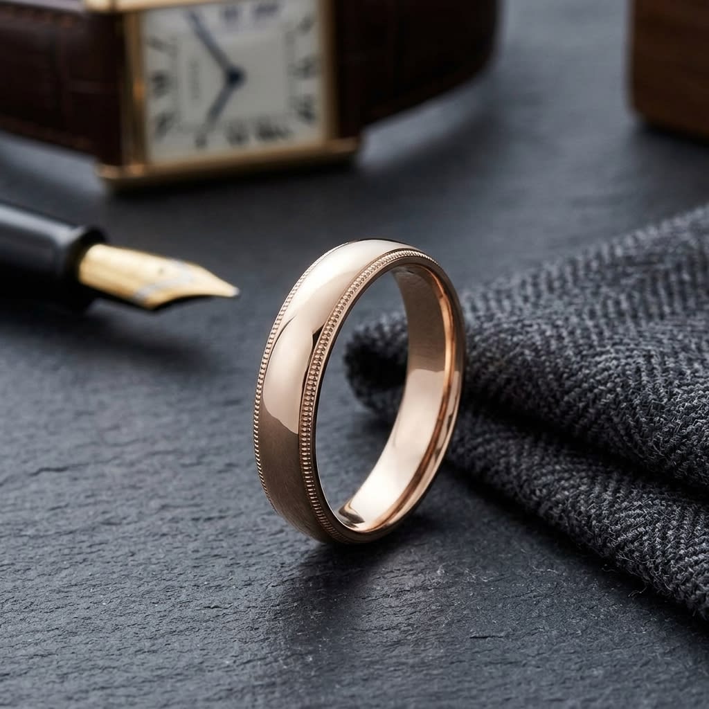 5mm Slightly Domed Milgrain Comfort-Fit Wedding Band in 14K Rose Gold, on walnut surface with pocket square