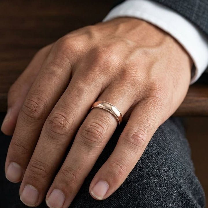 6mm Slightly Domed Milgrain Comfort-Fit Wedding Band in 14K Rose Gold, worn on hand, masculine close-up