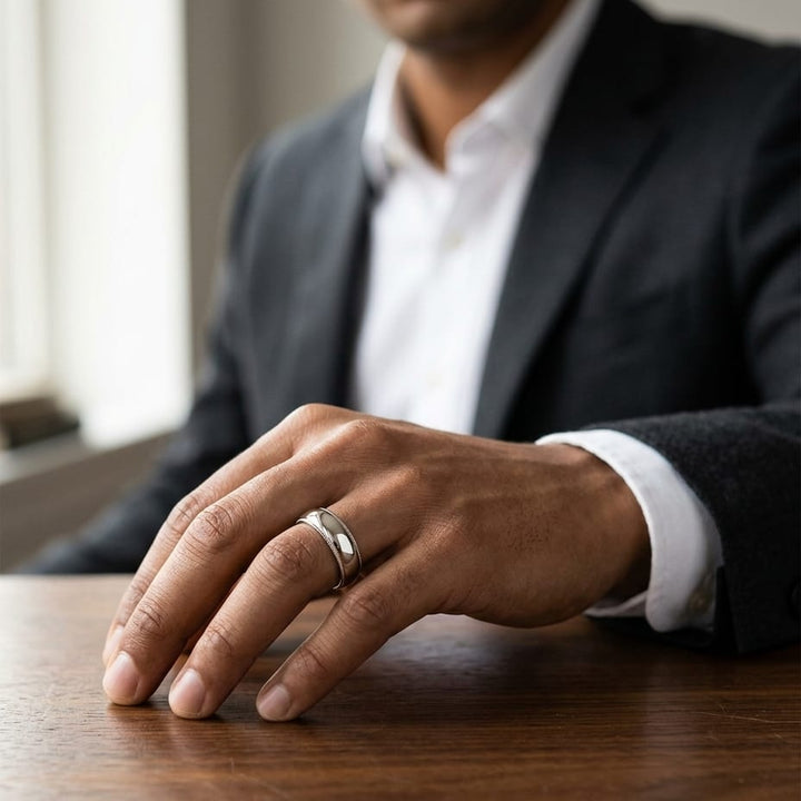 6mm Slightly Domed Milgrain Comfort-Fit Wedding Band in 14K Rose Gold, worn on hand, masculine full view