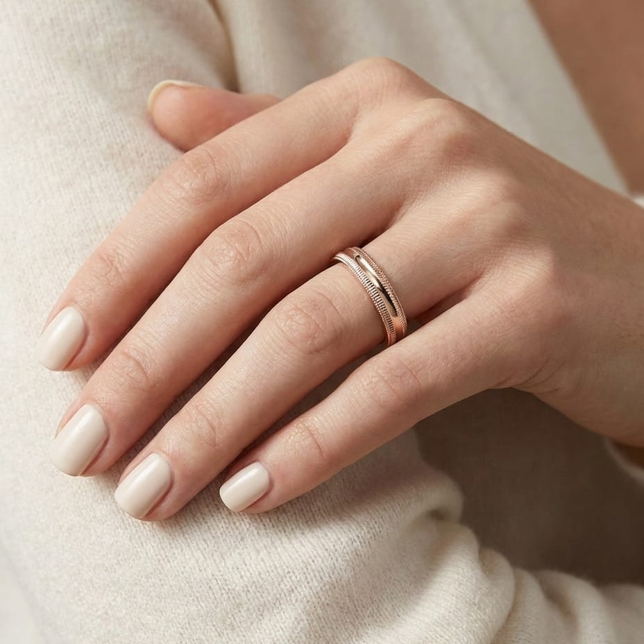 4mm Slightly Domed Double Milgrain Comfort-Fit Wedding Band in 14K Rose Gold, worn on hand, close-up
