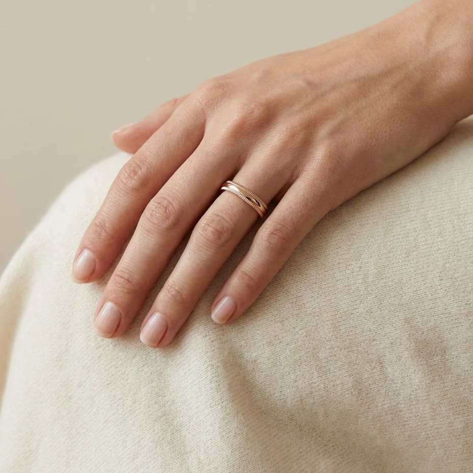 4mm Slightly Domed Double Milgrain Comfort-Fit Wedding Band in 14K Rose Gold, worn on hand, full view