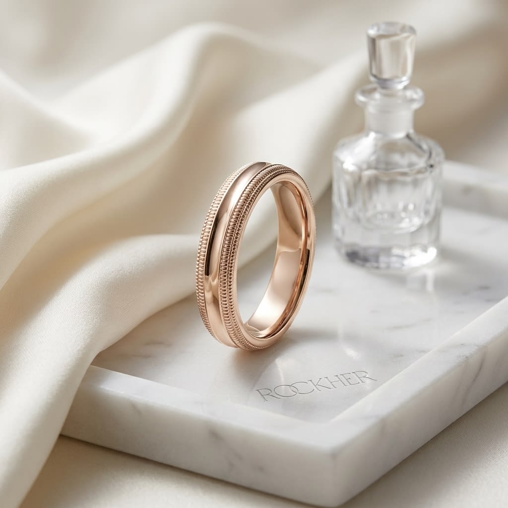 4mm Slightly Domed Double Milgrain Comfort-Fit Wedding Band in 14K Rose Gold, on marble vanity tray with silk