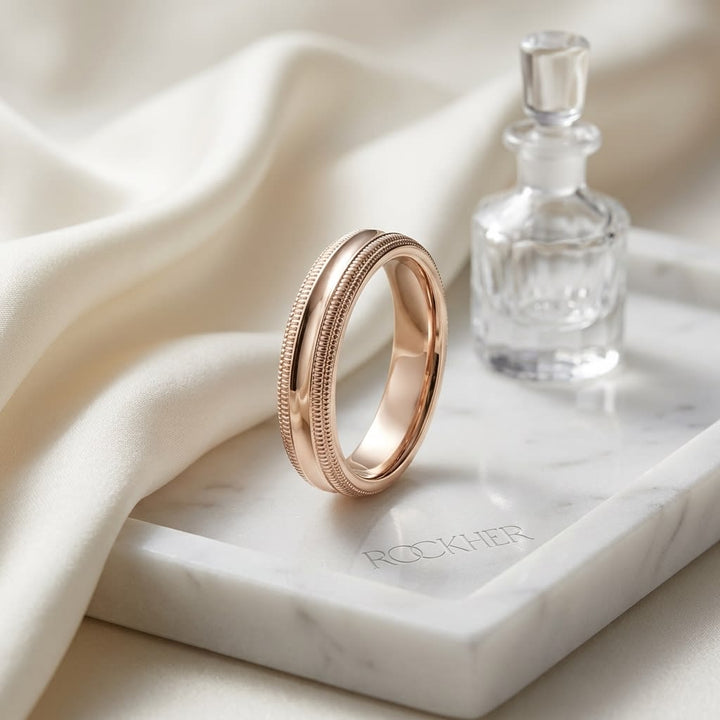 4mm Slightly Domed Double Milgrain Comfort-Fit Wedding Band in 14K Rose Gold, on marble vanity tray with silk
