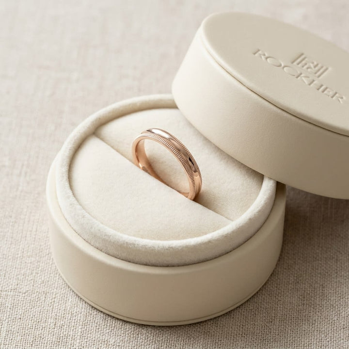 4mm Slightly Domed Double Milgrain Comfort-Fit Wedding Band in 14K Rose Gold, in navy velvet jewelry box